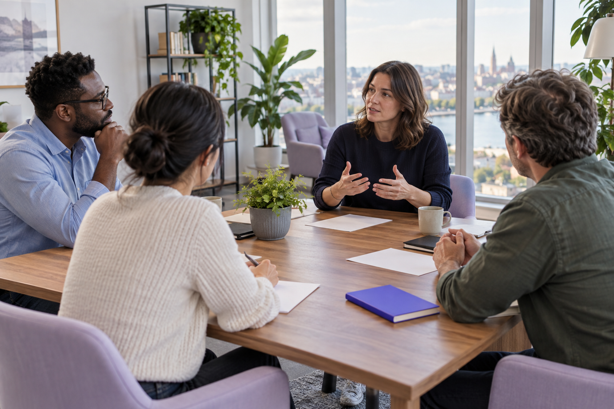 Four colleagues discuss evidence and next steps at the end of a workplace pilot.