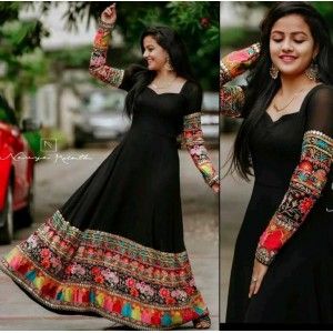 STUNNING BLACK COLOR SOUTH INDIAN FASHION STYLE PARTY WEAR FULL STITCHED GOWN