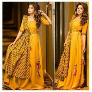 YELLOW DESIGNER TAFFETA SILK STICH GOWN WITH SILK DUPATTA