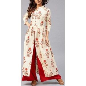 CREAM COLOR BLOCK PRINT MIDDLE SLIT KURTI