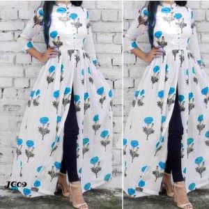 SKY BLUE FLOWER BLOCK PRINT MIDDLE SLIT KURTI