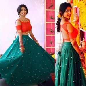 GORGEOUS GREEN AND ORANGE COLOR TRENDY CROP TOP LEHENGA CHOLI