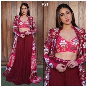 SARA ALI KHAN RED MAROON SEMI STITCH JACKET SUIT