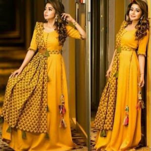 TINA DATTA YELLOW STYLISH HALDI GOWN WITH CHANDERI DUPATTA