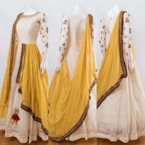 WHITE TAFFETA SILK EMBROIDERY STICH DESIGNER EVENING GOWN DUPATTA