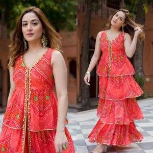 AUSPICIOUS RED BANDHEJ STYLE TRENDY RUFFLE SUIT