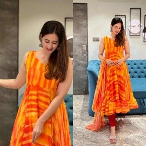 ORANGE AND YELLOW STRIP PRINT ANARKALI SUIT