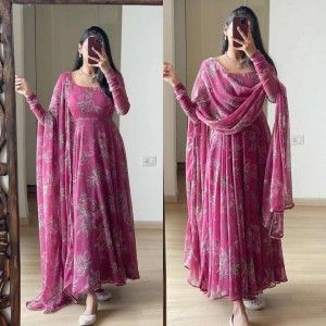 PINKISH FLORAL ANARKALI GOWN DUPATTA SET