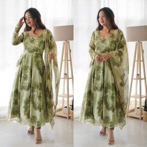 GREEN FLORAL TABBY ORGANZA SILK ANARKALI SUIT