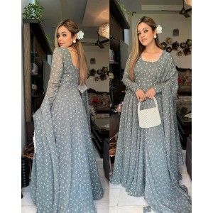 GREY COLOR PRINTED GEORGETTE FABRIC FULL STITCHED ANARKALI GOWN WITH DUPATTA