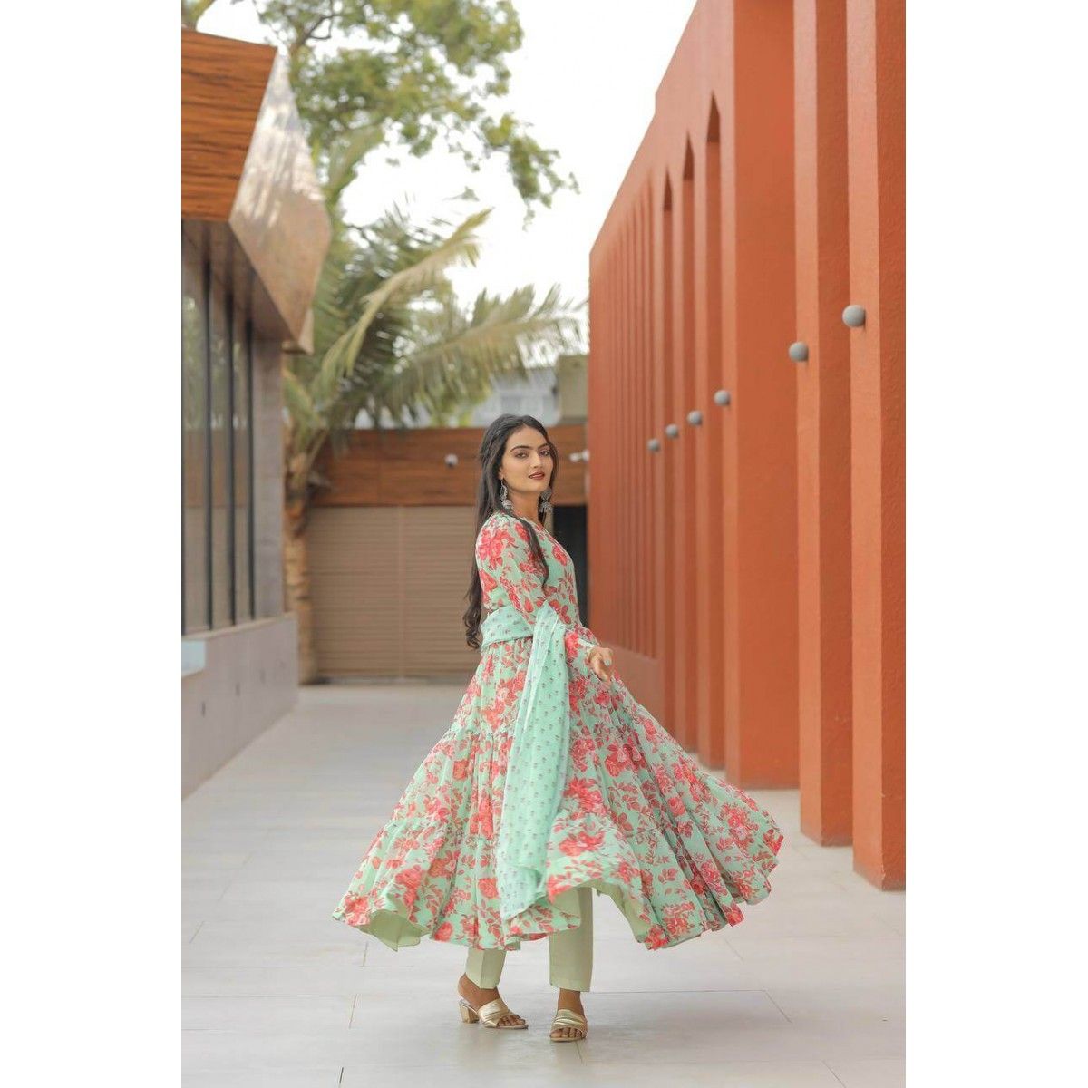 FLORAL GREEN COLOR 7 METER FLAIR ANARKALI SUIT