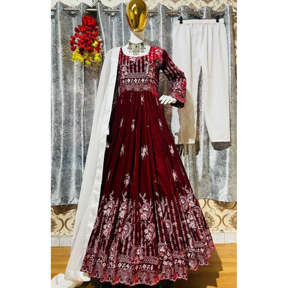 MAROON COLOR DESIGNER VELVET FABRIC WEDDING GOWN