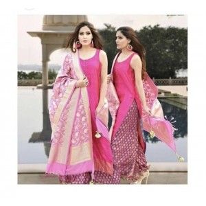 PINK BANARASI SILK PARTYWEAR KURTI PLAZO SUIT