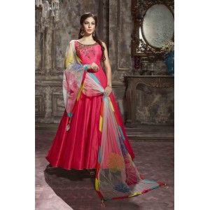 BRIGHT PINK COLOR BANGLORI SILK STICHED GOWN