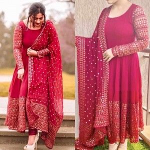 RED COLOR LONG ANARKALI GOWN PANT DUPATTA SET