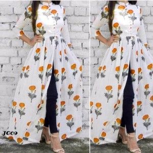 ORANGE FLOWER BLOCK PRINT MIDDLE SLIT KURTI