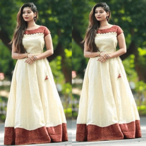 CREAN AND RED SOUTH INDIAN FASHION GOWN