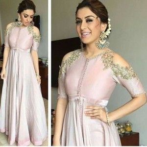 HANSIKA MOTWANI STYLISH COLD SHOULDER SATIN SILK GOWN