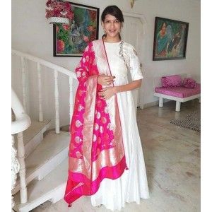 WHITE COLOR STITCHED WEDDING GOWN WITH HEAVY BANARASI DUPATTA