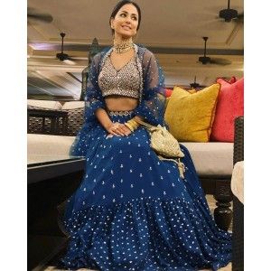 NAVY BLUE COLOR HINA KHAN WORN RUFFLE LEHENGA CHOLI WITH JACKET