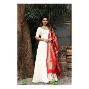 WHITE COLOR STITCHED LONG GOWN WITH HEAVY BANARASI DUPATTA