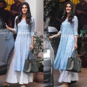 KRITI SANON SKY BLUE COLOR CHAIN STITCH WORKED KURTI PALAZZO