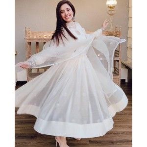 NUSHRAT BHARUCHA GRACE FULL WHITE COLOR EMBROIDERY BUTTA ANARKALI SUIT