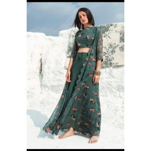 STUNNING GREEN COLOR SILK FABRIC PALAZZO JACKET LEHENGA FOR MEHENDI FUNCTION