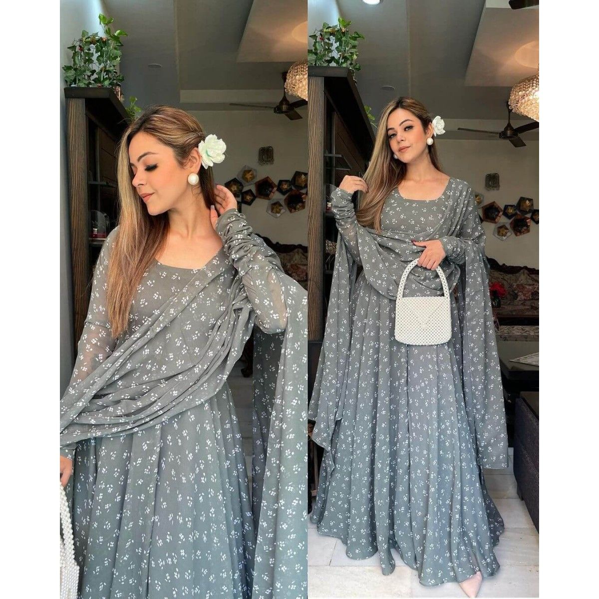 GREY COLOR PRINTED GEORGETTE FABRIC FULL STITCHED ANARKALI GOWN WITH DUPATTA