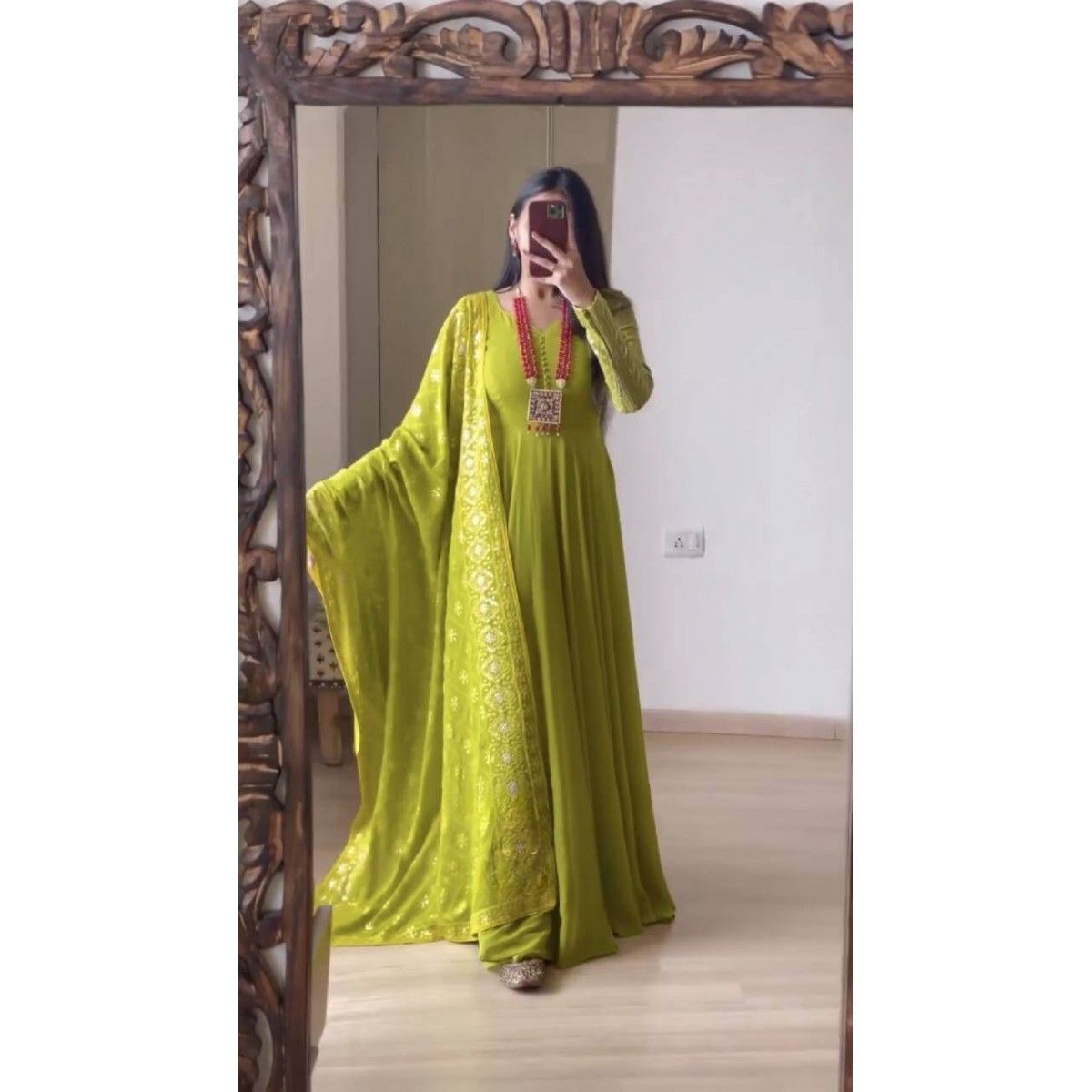 PARROT GREEN LONG GOWN WITH DESIGNER DUPATTA