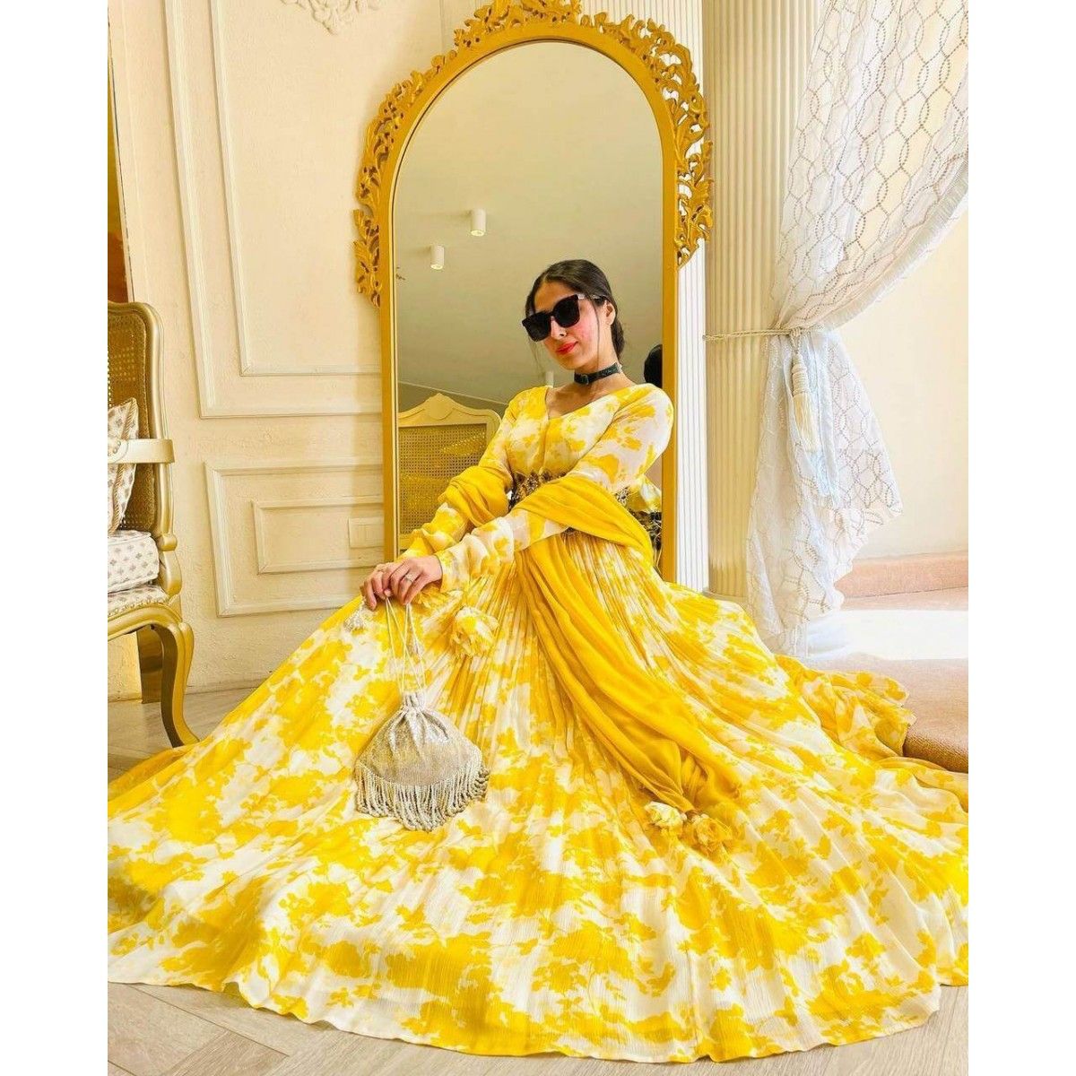 BOUTIQUE STYLE PURE GEORGETTE YELLOW SHIBORI PRINT DESIGNER GOWN