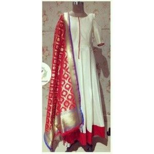 WHITE COLOR STITCHED GOWN WITH HEAVY BANARASI DUPATTA