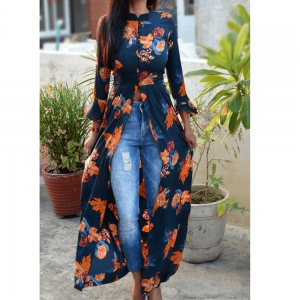 ROYAL BLUE FLORAL PRINT MIDDLE SLIT KURTI