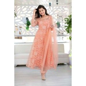 PEACH COLOR NET FABRIC GORGEOUS STITCHED ANARKALI SUIT