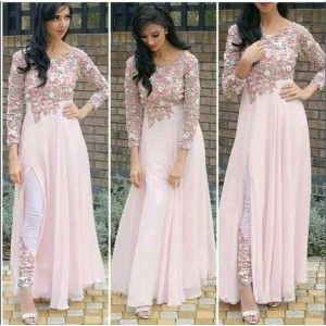 DESIGNER FULL STITCHED SLIT DRESS IN PEACH COLOR