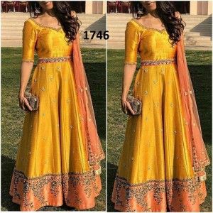 GOLDEN YELLOW BANGLORI SATIN SILK ANARKALI SUIT