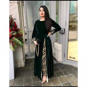 PAKISTANI SUIT STYLE GREEN COLOR SLIT VELVET KURTA WITH BROCADE PANT