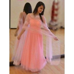 PEACH COLOR FLUFFY FULL STITCHED ANARKALI GOWN WITH DUPATTA