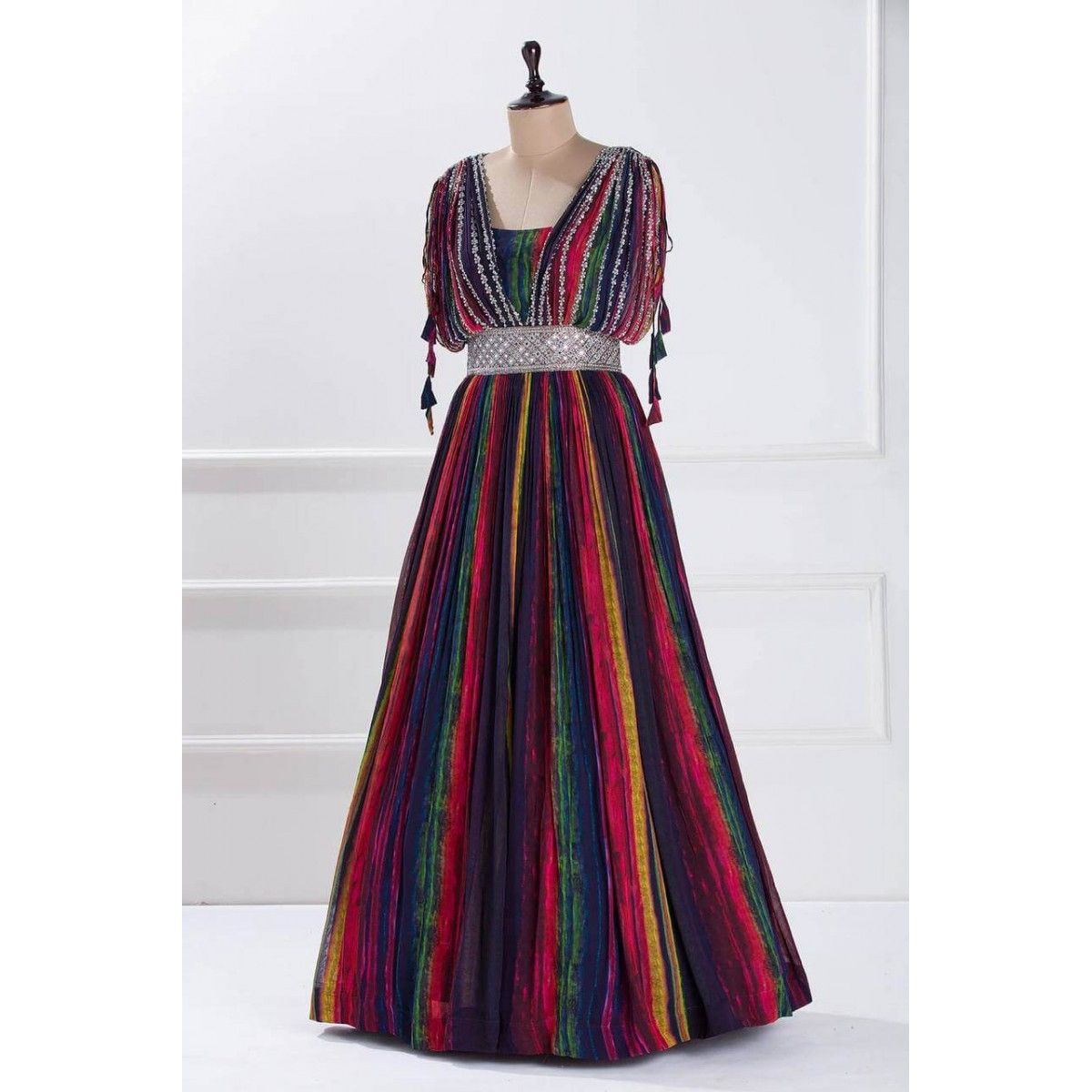 FANCY STITCHED MULTI COLOR BASH DESIGNER GOWN WITH WAIST BAND