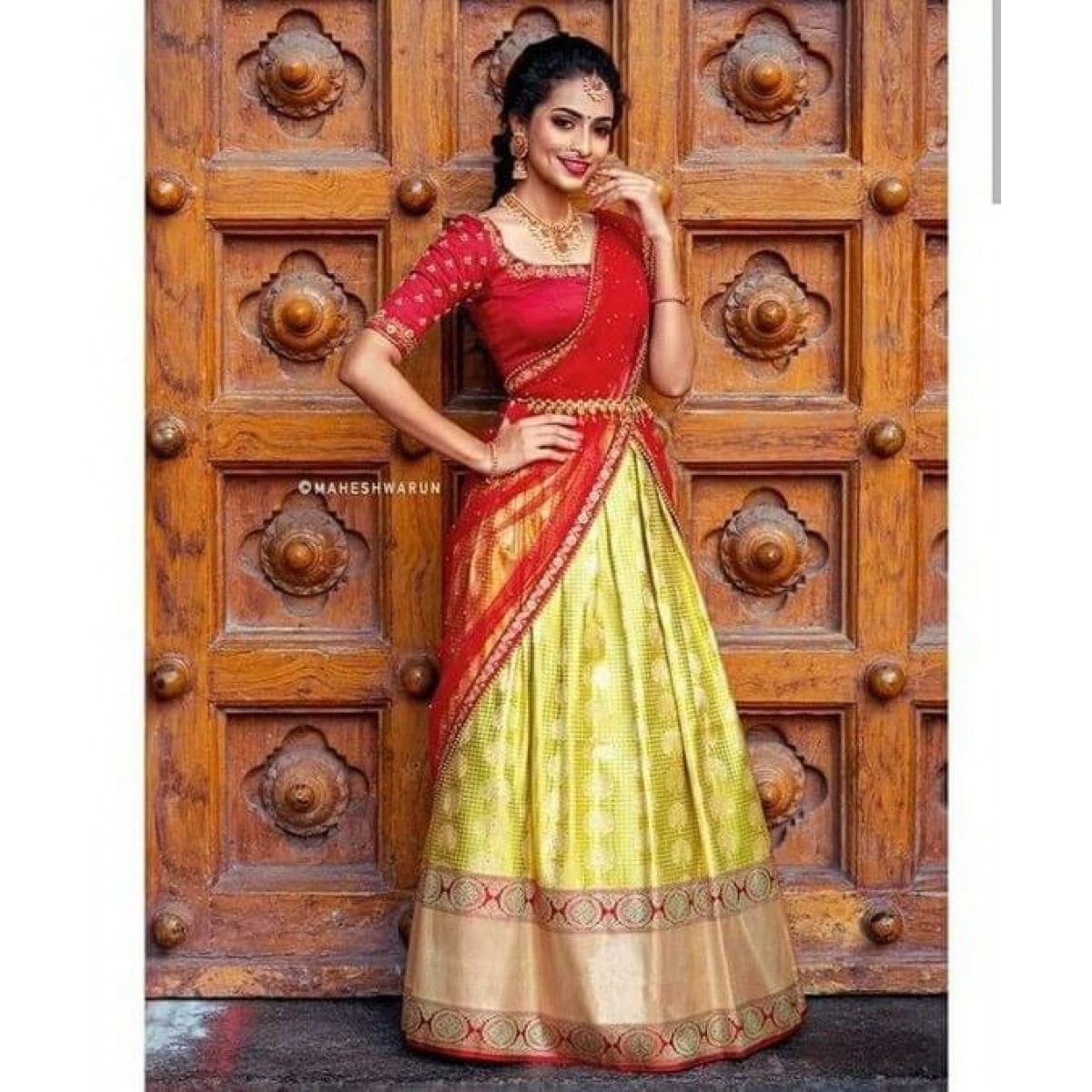 HALDI SPECIAL SOUTH INDIAN STYLE KANJIVARAM SILK HALF SAREE LEHENGA