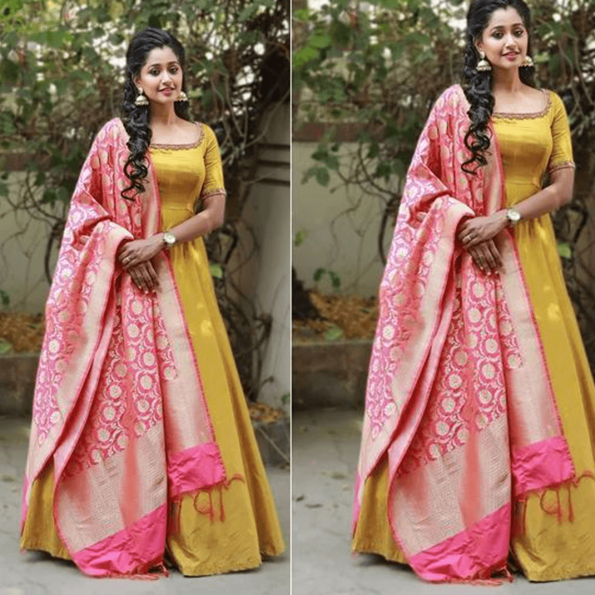 YELLOW COLOR ANARKALI GOWN WITH BANARASI DUPATTA | HALDI OUTFIT | |SOUTH INDIAN FASHION GOWN |