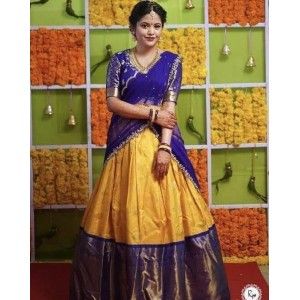 GORGEOUS SOUTH INDIAN STYLE YELLOW AND BLUE COLOR LEHENGA CHOLI