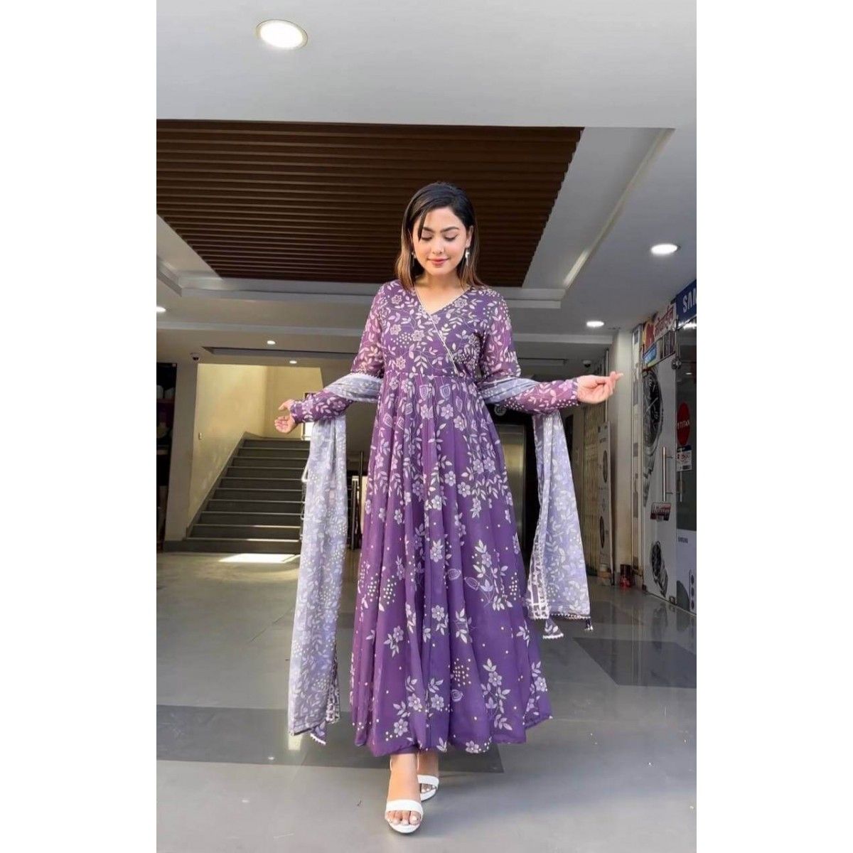 LAVANDER COLOR DESIGNER PRINTED ANARKALI GOWN