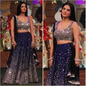 SUNNY LEONE BLUE COLOR REAL MIRROR WORK LEHENGA CHOLI