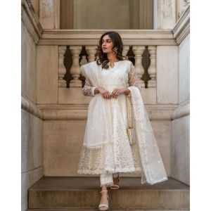 BEAUTIFUL WHITE ORGANZA FABRIC ANARKALI SUIT