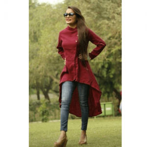 MAROON COLOR COTTON FABRIC UPDOWN KURTI WITH JEANS