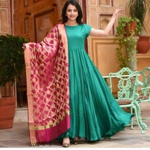 GREEN COLOR LONG GOWN WITH HEAVY BANARASI DUPATTA