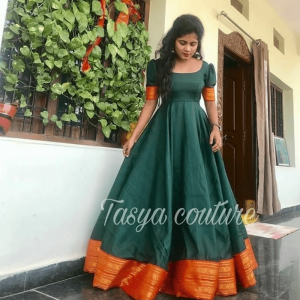 GREEN AND ORANGE SOUTH INDIAN FASHION GOWN