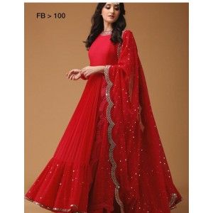 RED VALENTINE /KARVA CHOTH SPECIAL STICH GEORGETTE GOWN WITH DUPATTA