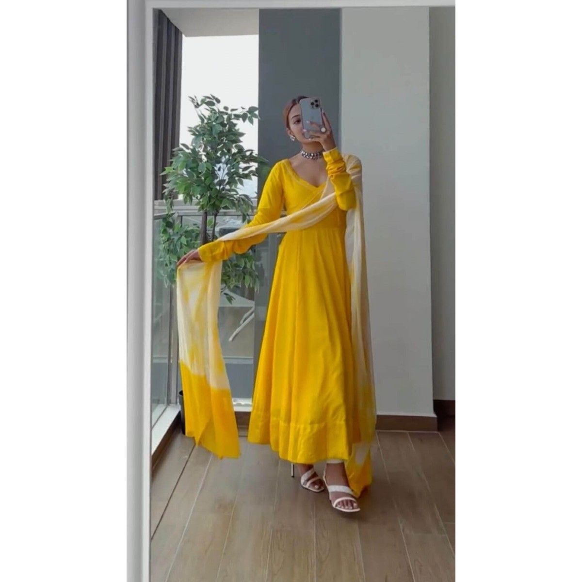 ISHA BORAH YELLOW HALDI SPECIAL ANARKALI SALWAR SUIT WITH DYED DUPATTA